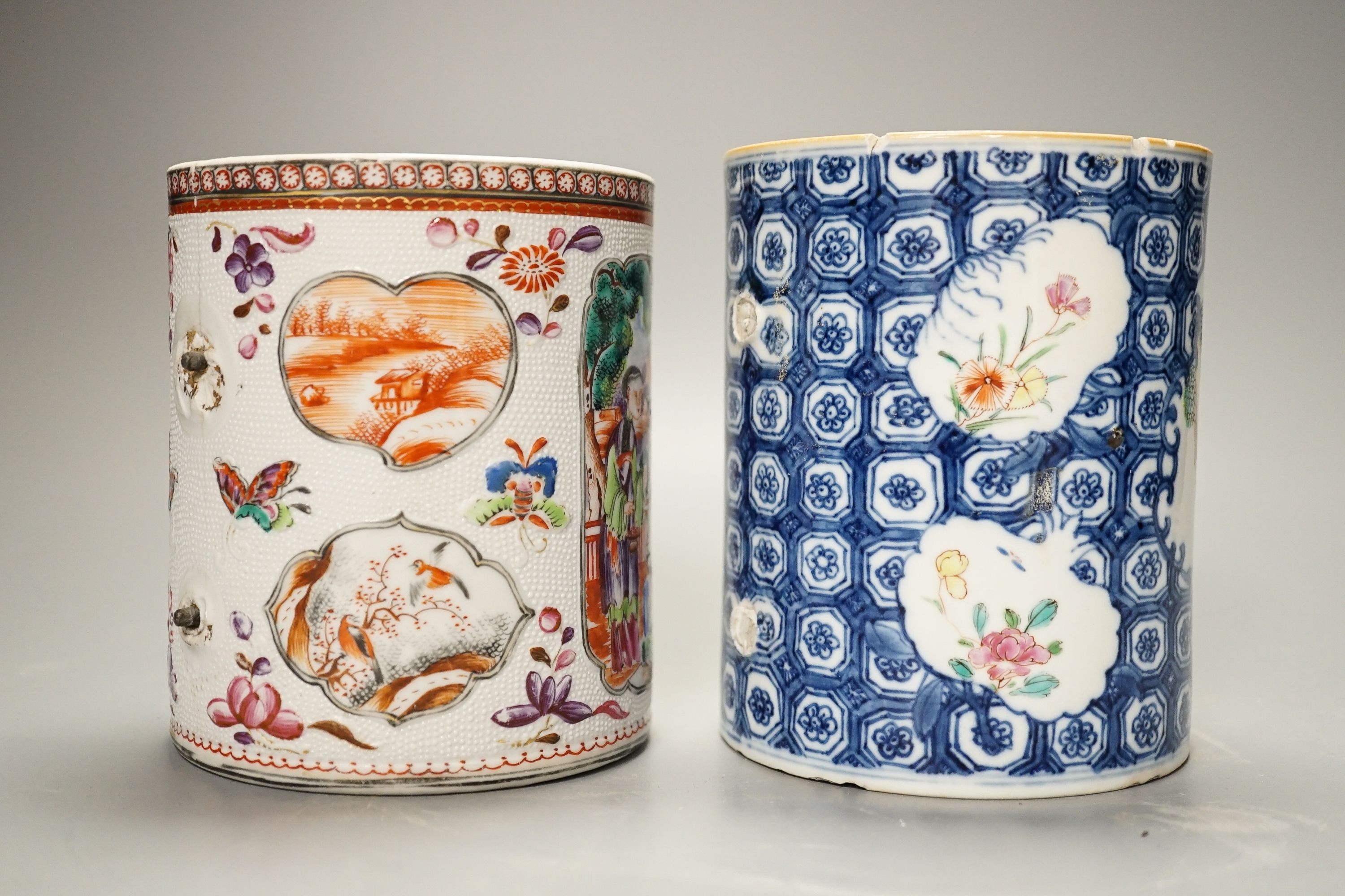 Two 18th century Chinese export famille rose tankards, tallest 13cm (damaged)